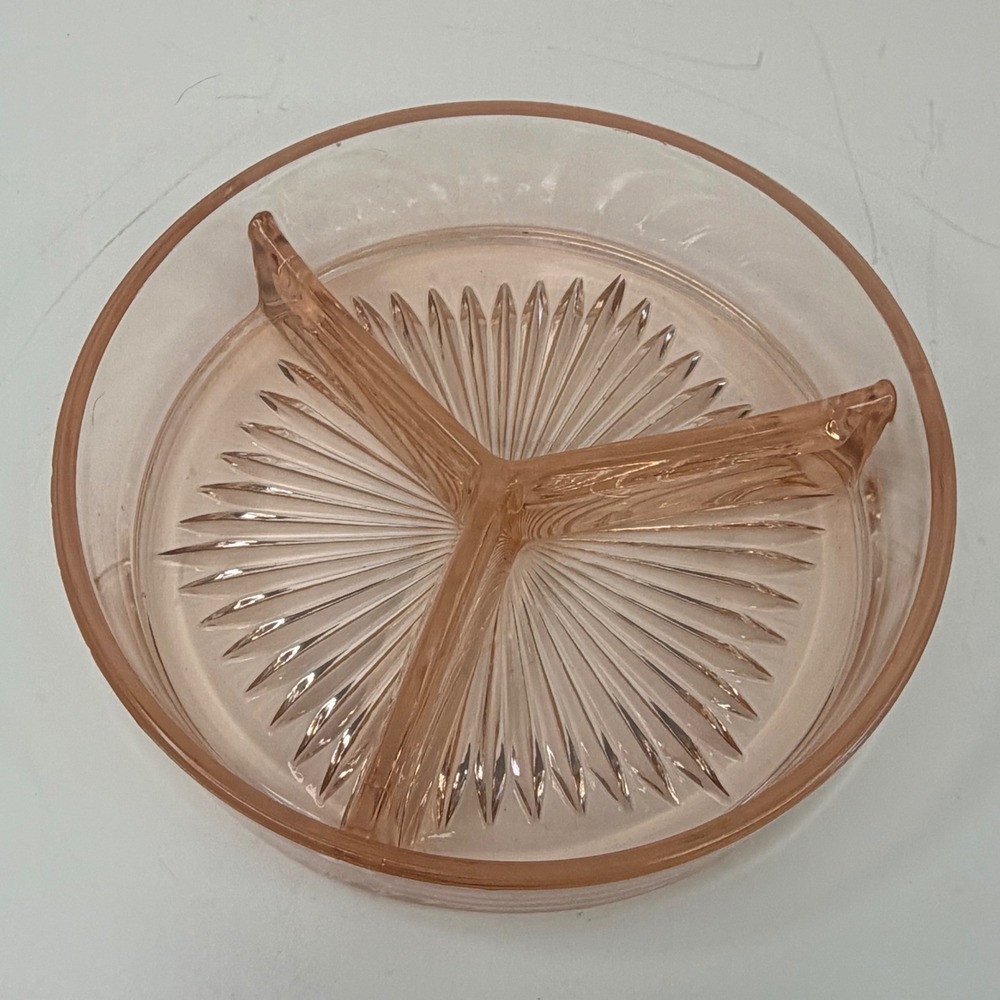 Vintage Pink Depression Glass 3 Part Divided Relish Dish Starburst 6.25 Inch